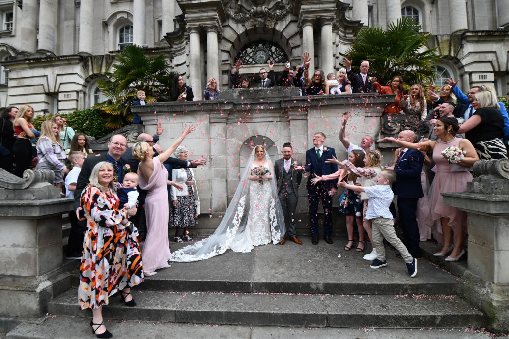 Registry office wedding confetti moment in Manchester